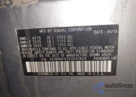 2019 Subaru Legacy 2.5I Premium из США, поврежденный, VIN 4S3BNAF67K3032828